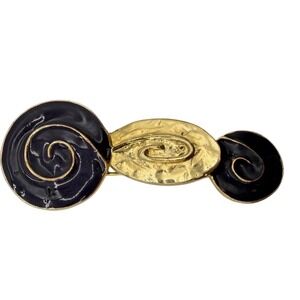 Vintage Black and Gold Enamel Swirl Brooch Pin Statement Abstract Art Decor